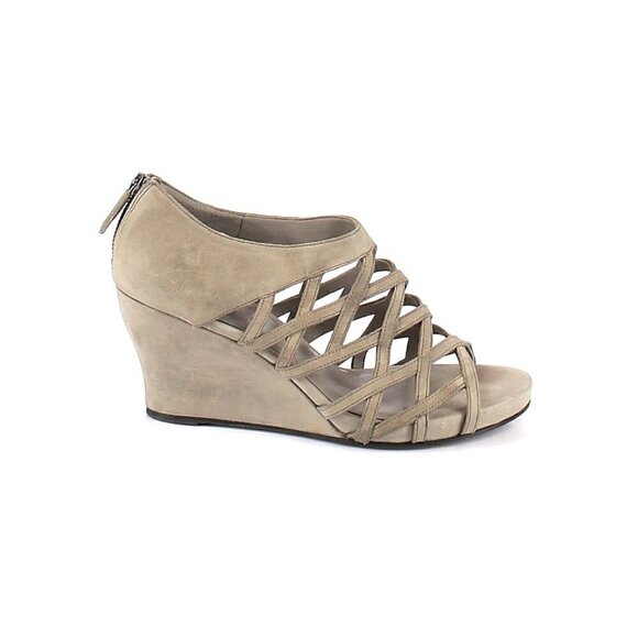 Eileen Fisher Wedge Sandals 9 Leather Lattice Caged Taupe Gray Tan Summer - Picture 3 of 4